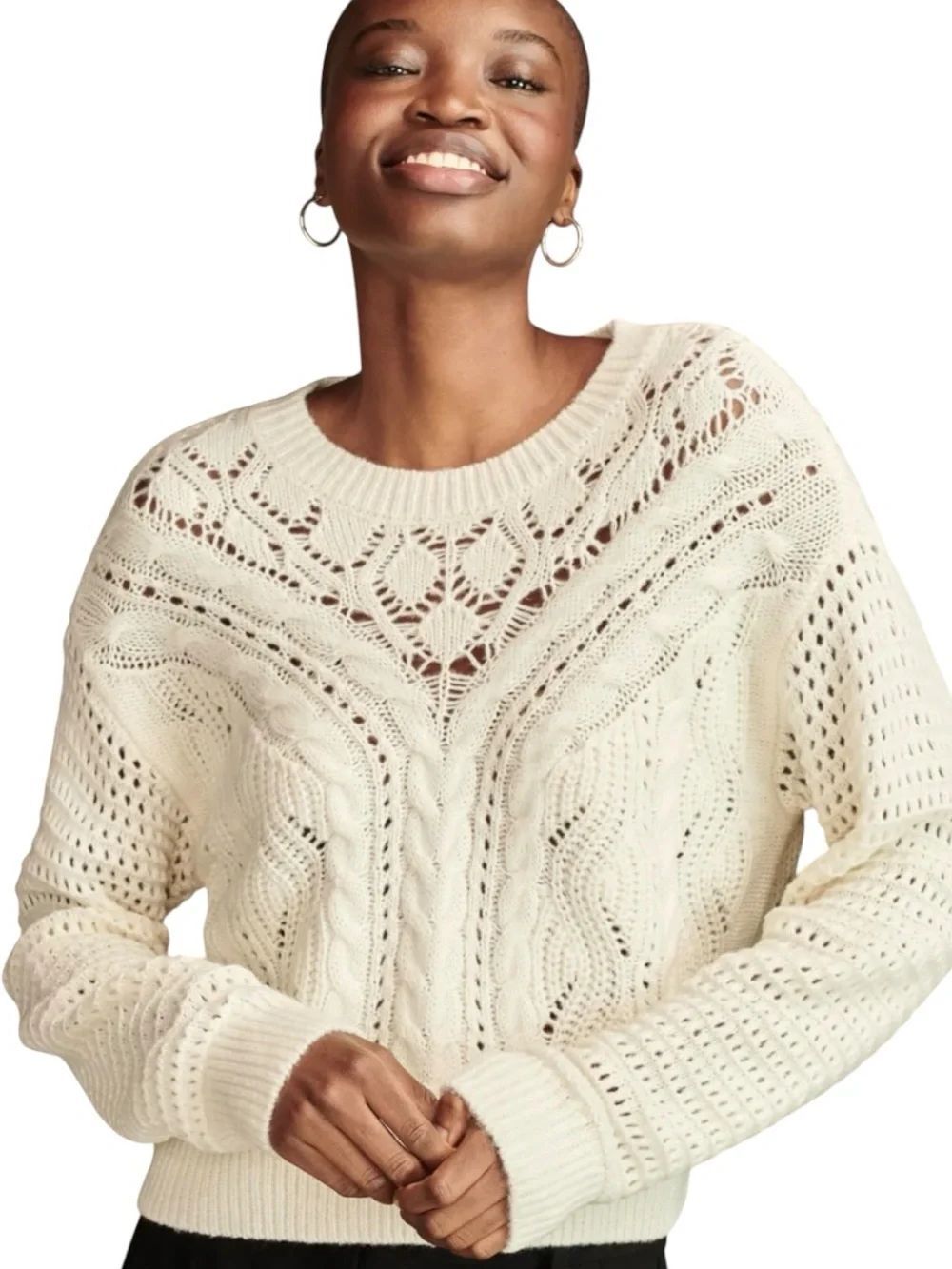 Lucky Brand IVORY Pointelle Crewneck Cable Knit Chunky Cottagecore sweater L